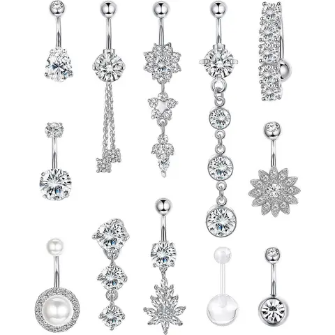 【Black Friday】Cubic Zirconia & Flower Chain Belly Button Ring, Rhinestone Navel Piercing Jewelry for Women, Cute Accessory for Crop Tops, Back-to-School and Fall Outfits, Body Piercing Jewelry, Belly Hoops, Belly Rings
