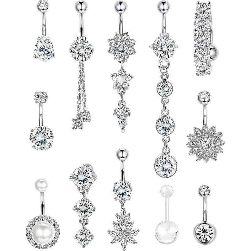 【Black Friday】Cubic Zirconia & Flower Chain Belly Button Ring, Rhinestone Navel Piercing Jewelry for Women, Cute Accessory for Crop Tops, Back-to-School and Fall Outfits, Body Piercing Jewelry, Belly Hoops, Belly Rings