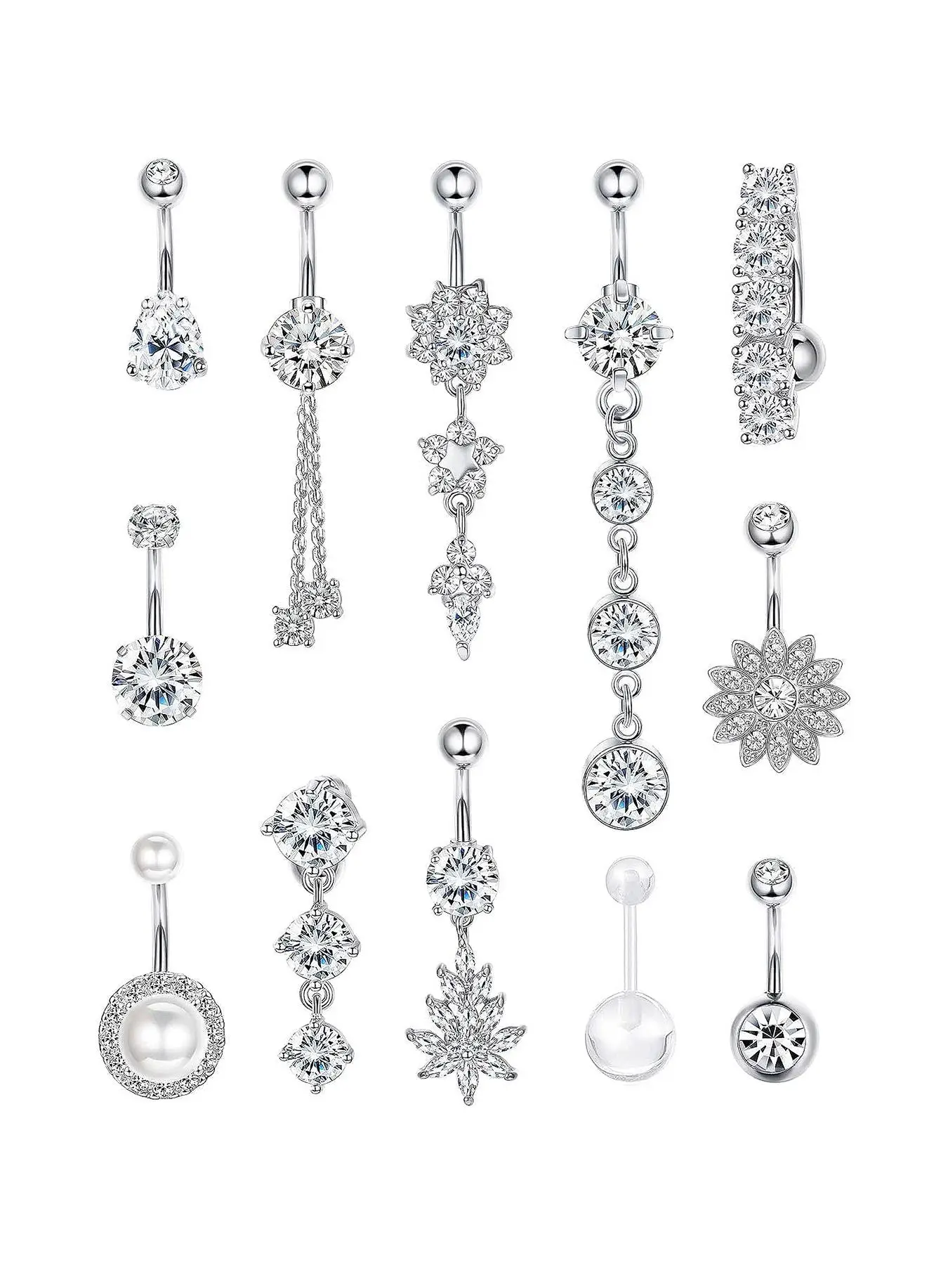 Cubic Zirconia & Flower Decor Chain Belly Button Rings, Rhinestone Belly Ring, Women Belly Piercing Body Jewelry, for Crop Top Decor Back To School, F