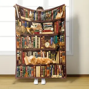 Charming Cat & Bookshelf Design Flannel Blanket - Ideal Gift for Book Lovers, Librarians, and Literary Enthusiasts - All-Season, Hypoallergenic, Multi-Purpose Throw for Home, Office, or Camping, Camping Blanket|Literary Design Throw|Decorative Throw, Boo