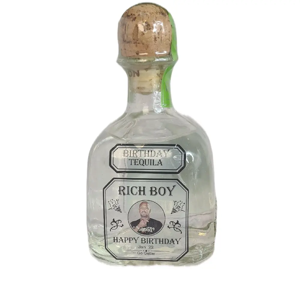 Custom tequila Bottle Labels - Birthday Tequila with "BIRTHDAY TEQUILA" and  Text, Clear Bottle with Black Label Design