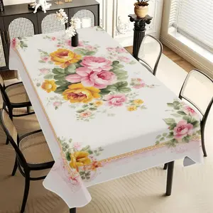 Floral Print Tablecloth, Vintage Rose & Pink Flower Design Tablecloth, Table Decoration Supplies for Home Kitchen Dining Room