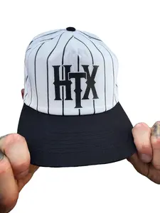 TheDriveClothing HTX Jailhouse Flat Bill Hat – White & Black Pinstripe Snapback Cap, 5 Panel Cotton Hat, Black Print, Mesh Back Streetwear Headwear
