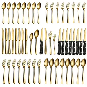 48-Piece Golden Silverware Set with Steak Knives, Golden Flatware Set for 8, Including Knives & Forks & Spoons, Dishwasher Safe Tableware Set for Home, Restaurants, Hotels & Weddings, Dinnerware Sets, Dinnerware Service Set