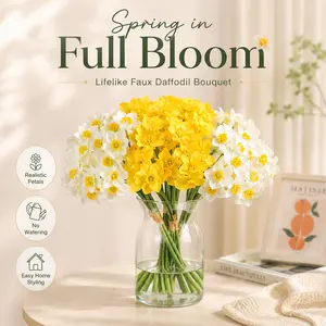 Lifelike Faux Daffodil Flowers Bouquet, Artificial Spring Flowers with Yellow & White Blooms, Realistic Fake Narcissus Stems for Vase, Table Centerpiece, Home Kitchen Dining Room Decor, No Watering