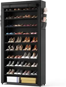 50-55 Pairs Shoes and Boots,10 Tier Shoe Rack with Covers,Sturdy Large Capacity Stackable Tall Shoe Shelf Storage, Metal Free Standing Organizer for Closet Entryway Garage Bedroom