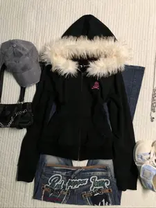 Y2K Black Faux Fur Hooded Graphic Zip-Up Hoodie | Pink Skull Print | Warm Cozy Fabric | Edgy Alt-Style Streetwear | Casual Daily/Weekend Outfit | 2000s Retro Aesthetic Clothing | Trendy Comfy Fall/Winter Top | Womenswear | Gothic Hoodie
