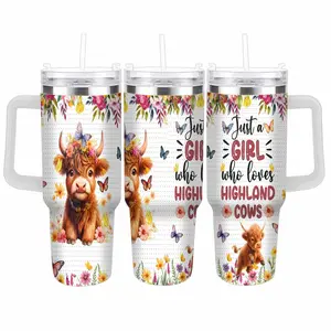 Highland Cow automotive cup (40oz/30oz/20oz) floral butterfly print adorable animal lover gift farmhouse decor daily use travel perfect for her birthday present