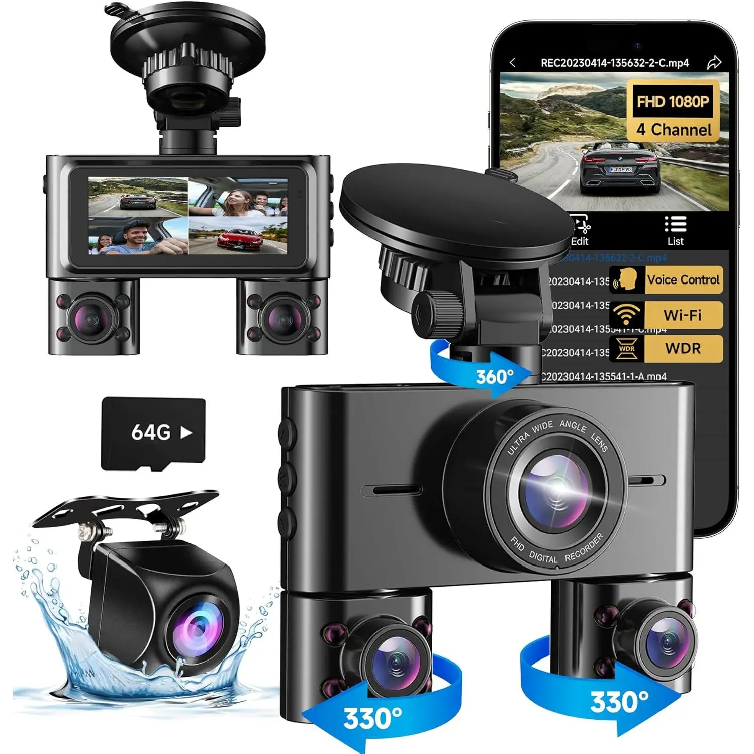 360? Dash Cam Front and Rear Inside, 4  Dash Camera for  FHD 1080Px4, Built-in , 3.16" IPS Screen, WDR Night Vision, Voice Control, Included 64GB Card, 24H Parking Mode