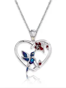 Women's S925 Silver Heart Pendant Necklace, Floral Hummingbird Design Jewelry Gift Box Included, Perfect for Girlfriend Birthday Anniversary