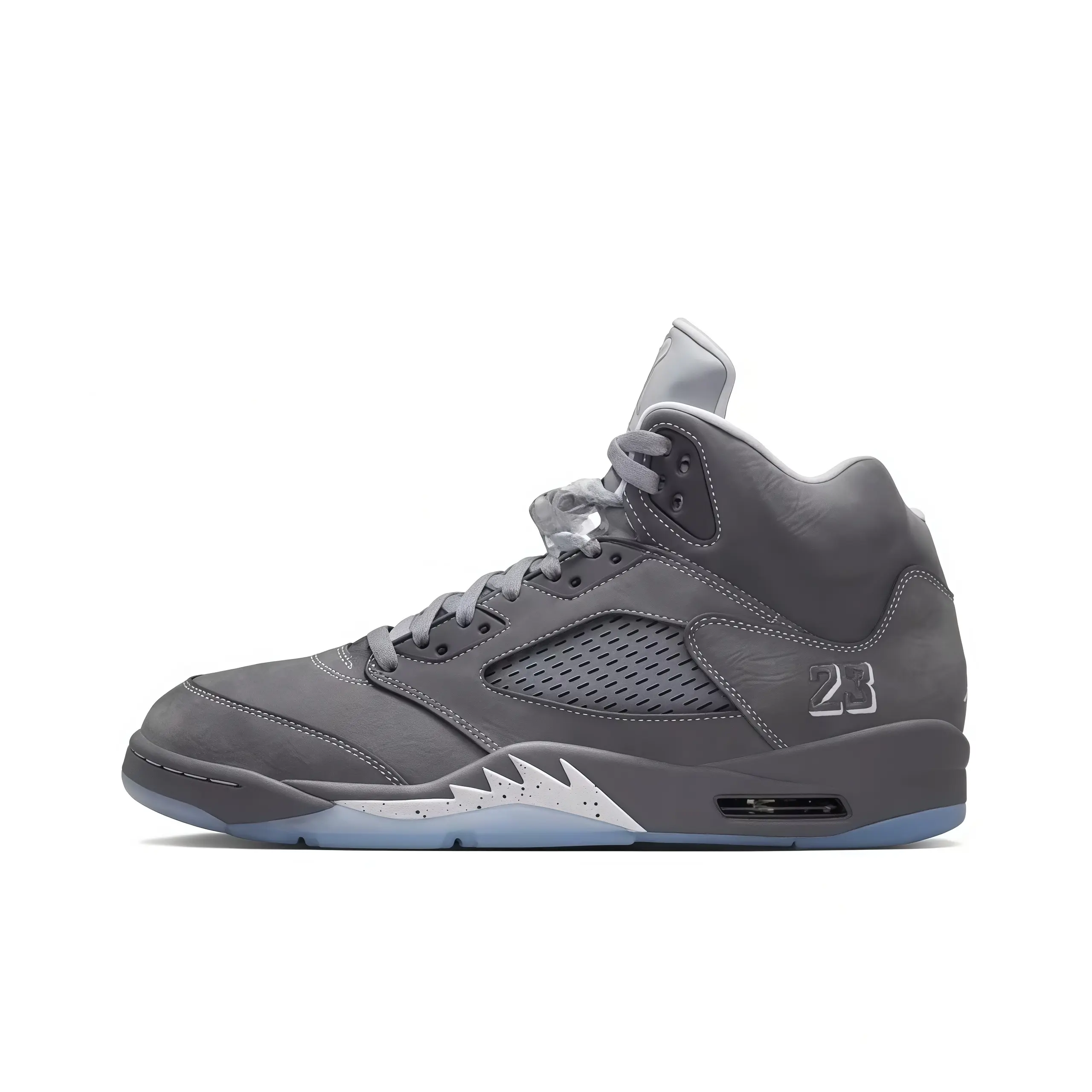 High top basketball sneakers dark grey nubuck upper white speckled shark tooth icy blue outsole street staple cushioned midsole ankle lock design daily casual wear gym training collectible unisex fashion sport footwear