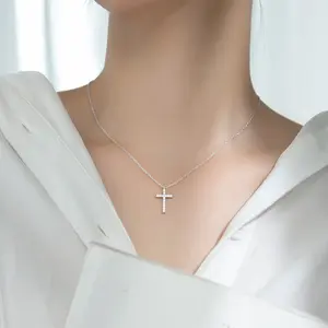 S925 Sterling Silver Cross Pendant Necklace Jewelry with CZ Casual Style for Women Ladies