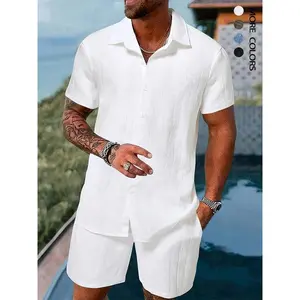 Men's Summer Two-piece Set: Short Sleeve Button Front Shirt with Pocket and Drawstring Waist Shorts, Casual and Lightweight for Hiking