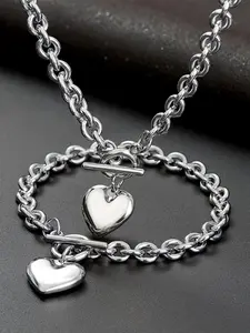 Cute Heart Shaped Pendant Necklace & Bracelet, Stainless Steel Fashionable Matching Jewelry Set for Party, Daily Decor, Trendy All-match & Exquisite Jewelry for Birthday Gift, Maximalist Jewelry
