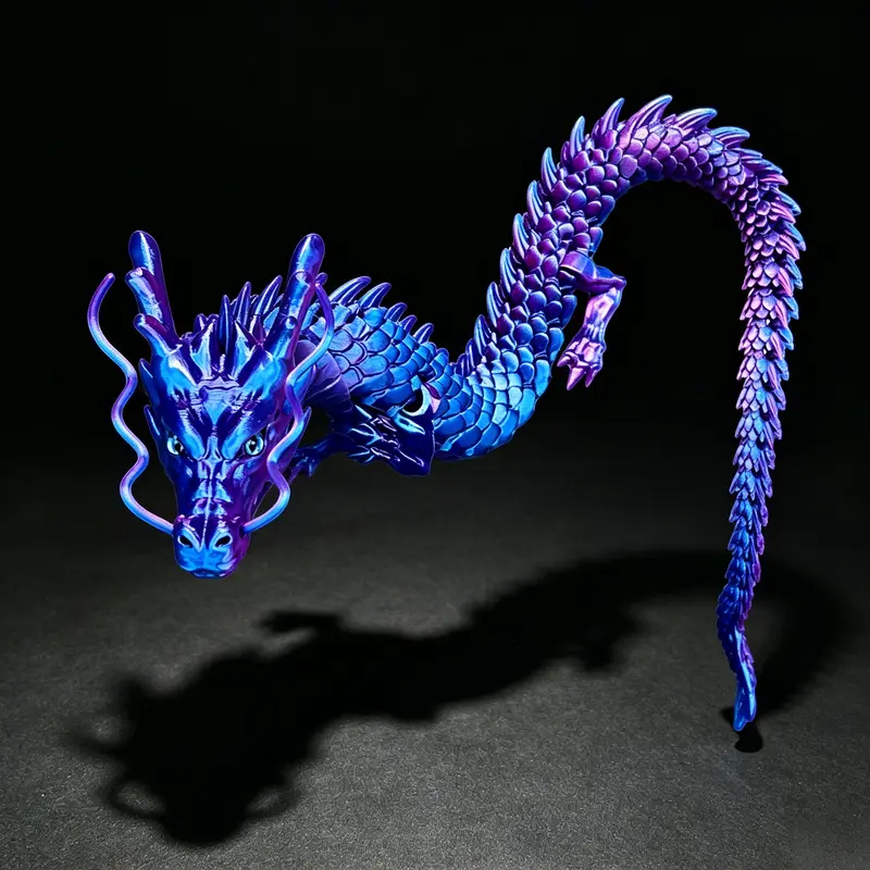35.44-in Violet Blue 3D Printed Chinese Dragon Collectible Sculpture - Joint-Bendable, 3D Printing Ornaments, Portable Home Decor, Desktop Accessory, Car-Ready Decorations for Room, Valentine's Day Gift, American Spot Stock