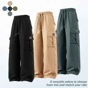 Men’s loose wide-leg cargo pants, elastic waistband with drawstring, casual long pants, multi-pocket street style jogger pants ，Fabric， Menswear，