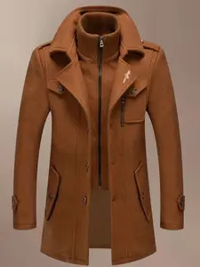 Men's Fashion Double Collar Mixed Fiber Long Coat, Zipper and Pocket Design, Warm and Durable, Suitable for Business or Casual Autumn/Winter