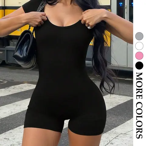 Women's Summer Fashion Jumpsuit, Large Round Neck Short Sleeve, Casual Plain Design, Ideal for Daily Wear, Yoga, Fitness, Layering, Workout Jumpsuit, Tight Fitting Jumpsuit, Plain Jumpsuits, Sports Jumpsuit