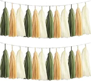 Sage Green Tissue Tassel Garland for Neutral Baby Shower Sage Green Party Nursery Classroom Decorations，DIY Kits,15PCS（Sage Green，Cream，Khaki）