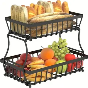 1pc 2 Layers Fruit Basket For Kitchen Countertop, Vegetable Bread Basket, Fruit Tray Storage Rack, Removable Metal Rectangular Wire Basket, Kitchen Supplies vegetable  rack Organiser Multicolor fruit basket