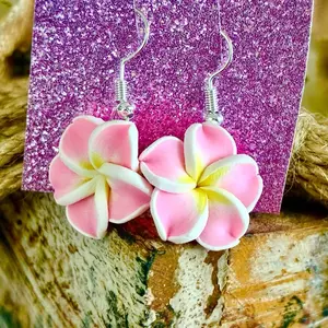 Hawaiian Plumeria Flower Earrings Dangle Silver Tone Frangipani Clay Small pink   Handcrafted Jewelry