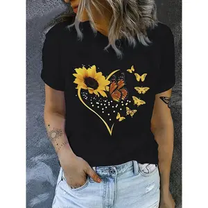 [Butterfly Heart Design Tee] Lightweight Crew Neck T-Shirt - Women's Casual Polyester and Spandex Blend Top with Butterfly & Sunflower Heart Design, All-Season Comfort Fit