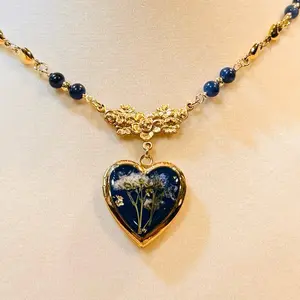 Paloma Flower Locket Necklace with Blue Beads and Heart Pendant Featuring Floral Design