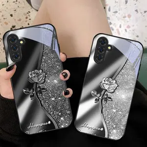 Dark crystal rose Phone case suitable for Samsung Galaxy F55 5G/F04/F54 5G/F23/F15 5G/F13 4G/F14 5G/M20/M13 5G/M04/M13 4G/M12/M14 5G/M15 5G/M23/M33/M34 5G/M35 5G/M53/M54 5G/M55 5G Max Black tempered glass case with lanyard