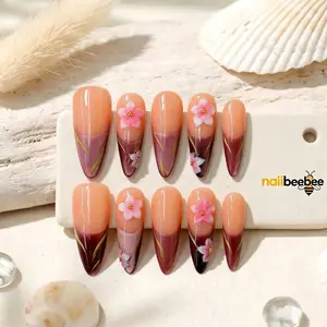 NailBeeBee｜10PCS 100% Handmade Press-On Nails｜S002 1.3 Inch｜Reusable Colorful Art Acrylic Stylish｜Ombre Cherry Blossom