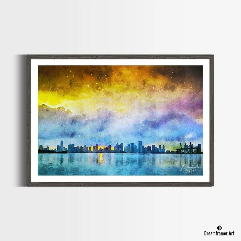 Premium Art Print Miami Sunset in Watercolors, by Dreamframer Art