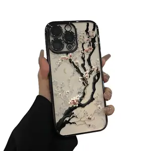 White cherry blossom tree Blooming Pattern Electroplated Mobile Case Camera Lens Protection wildflower cases for iphone 16 15 Pro max case 14 13 12 11 XR XS Plus Shockproof and non-slip silicone transparent acrylic mobile phone protective film