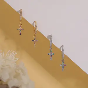 Gold-Plated Copper Cross Earrings - Men's Earrings, Copper Base, Zircon Accents, Unisex INS-Style Niche Exquisite Versatile Sports & Outdoor Accessories Fashion Jewelry
