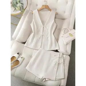 Women’s two-piece set, business-style jacket design, sleeveless top + shorts, summer casual wear, loose fit, medium-weight fabric