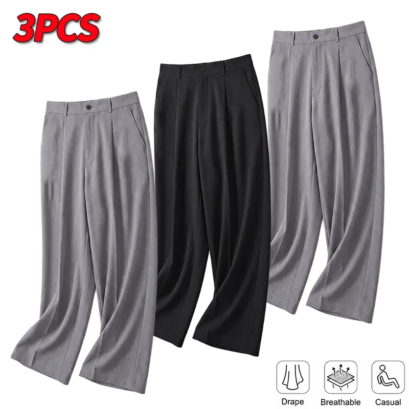Men’s three-pack pleated casual dress pants, long trousers with a straight, loose fit, button closure, minimalist and versatile, suitable for everyday wear and outings, wide-leg design, wearable in all seasons.