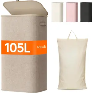 105L Laundry Basket with Lid, Large Laundry Hamper with Plastic Handles and Removable Bag, Foldable Tall Dirty Clothes Hampers for Laundry for Laundry Room, Bedroom, Bathroom, Dorm, Beige