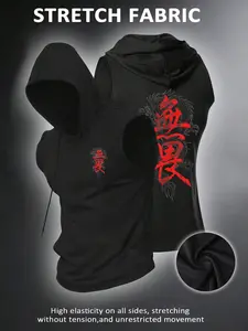 Men's Sleeveless Hooded Gym Vest, Dragon Print Cyber Street Style, High Stretch Breathable Fabric, Ideal for Training and Daily Wear, Sleeveless Gym Tops, Activewear Vest