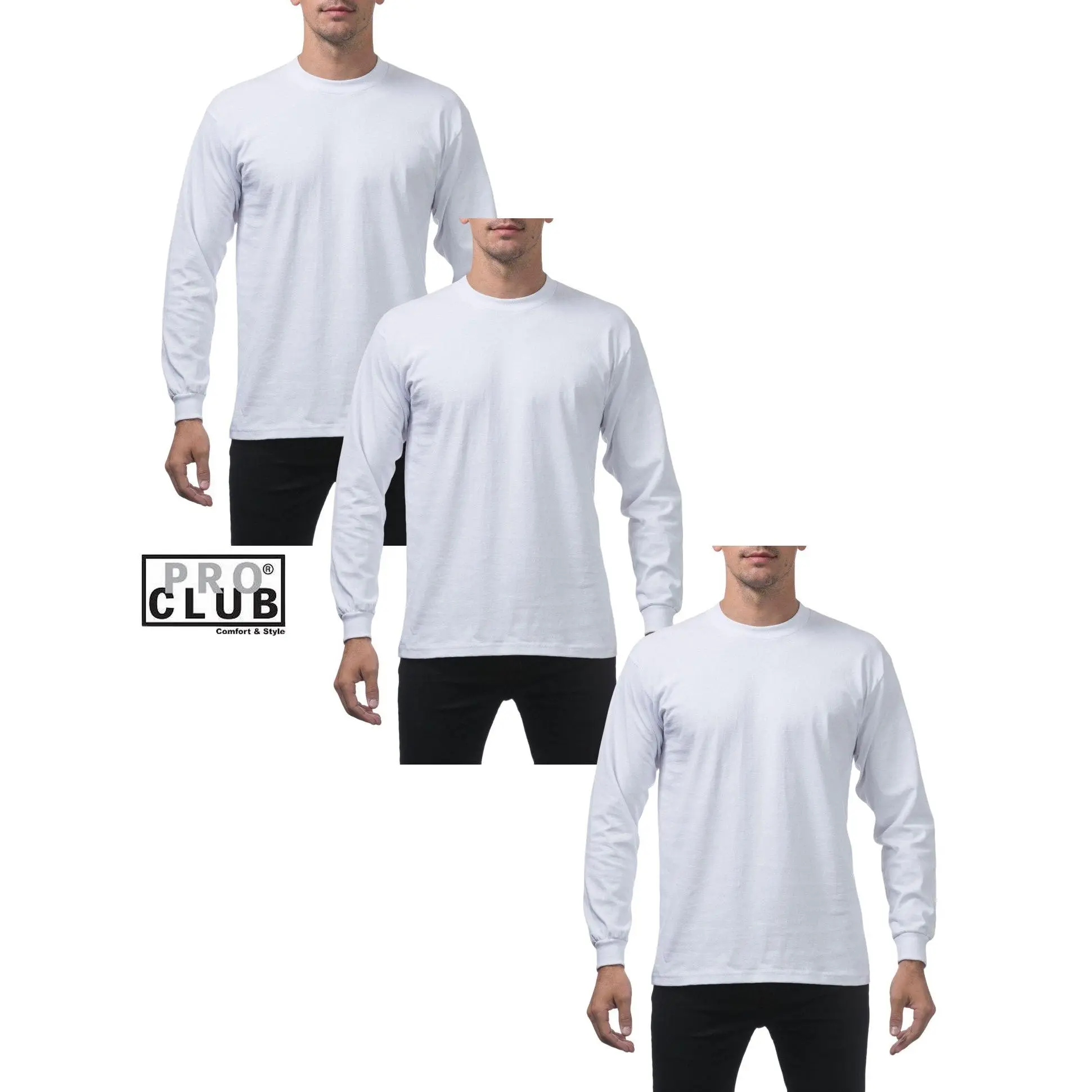 3 Pack Pro Club Men's Heavyweight Long Sleeve T-Shirt Menswear Top Casual Crewneck