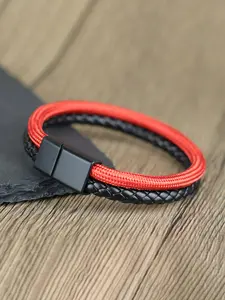 Men's Dual Color Rope Leather Bracelet with Magnetic Buckle, Handmade Punk Style Wristband Gift for Him, Unisex Fashion Accessory, Trendy Jewelry