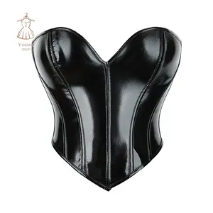Women Solid Color Leather Bustier Back Lacing-up Fish Boned Corset Curved Hemline Crop Tank Tops Sleeveless Womenswear