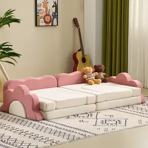 Karlhome  All-sponge modular sofa, twelve-piece modular design, freely combinable; children's sofa, pink and white color blocking, corduroy; sofa bed.