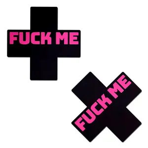 Plus X: 'Fuck Me' Black Cross on Neon Pink Base Nipple Pasties by Pastease