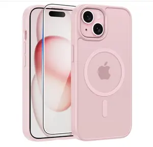 for iPhone 15 Case: for iPhone 14 Case & iPhone 13 Case [Compatible with Magsafe] Translucent Matte Cases with [Screen Protector] Military Grade Shockproof Protective Phone Cover - Light Pink