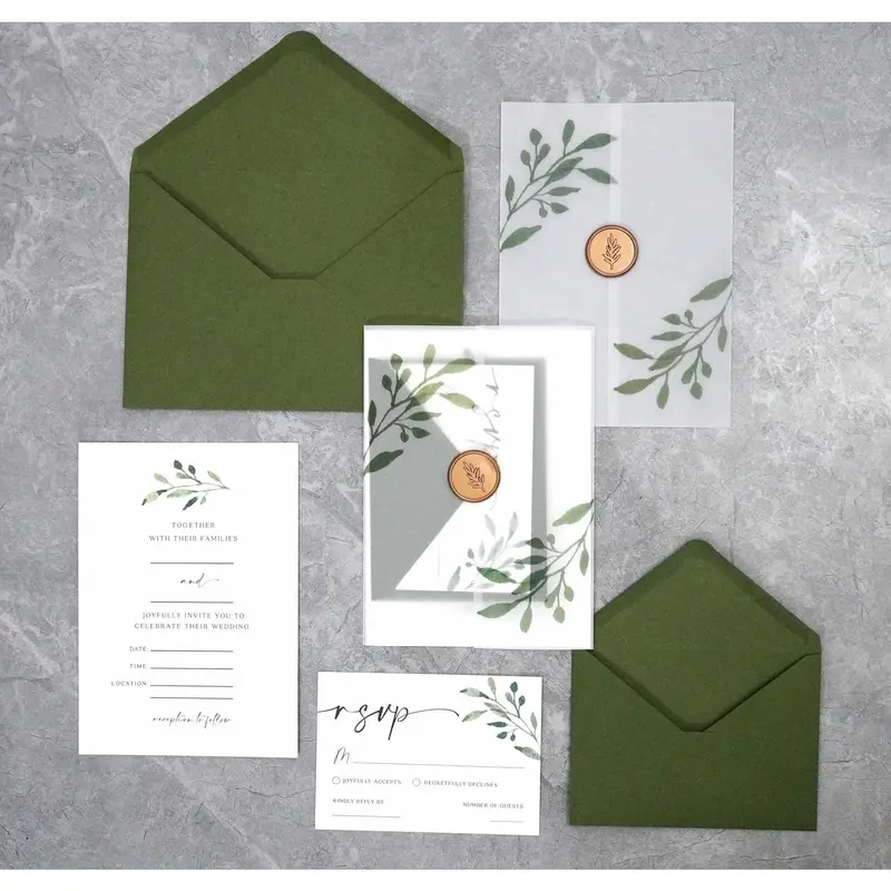 30 Set Wedding Invitations With Envelopes And Rsvp Cards,Greenery Wedding Invitations,Include 5x7 inch Fill-in Invitation,Vellum Wrap,Rsvp Card, Self Seal Envelopes, Wax Seal Stickers