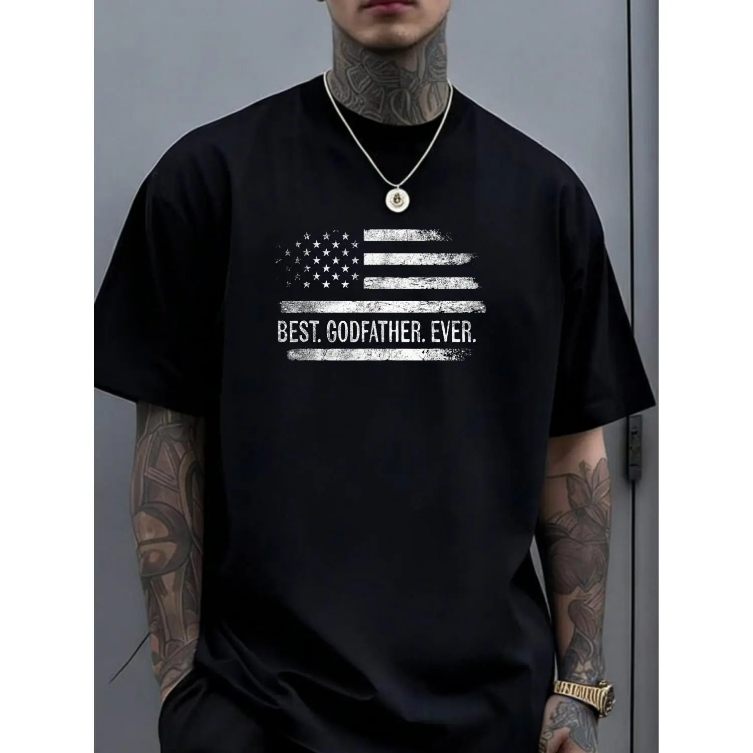 Best Godfather Ever American Flag Graphic Oversized Cotton T-shirt Mens Casual Crewneck Tee Distressed Print Short Sleeve Fathers Day Gift Patriotic Design Black
