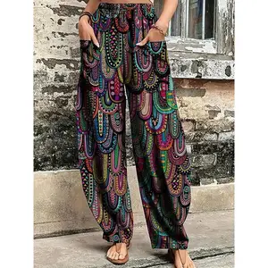 PlusSizeBohoPants,Women'sPlusPaisleyPrintWideLegLooseHaremTrousersWithPocketsCasualWomenswear