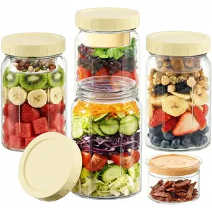 4 Pack Salad Jars with Dressing Container -32OZ Glass Salad Leakproof container for  Lunch with 2 Built-In Compartments for Wet/Dry Separation, Mason Jar Salad Containers