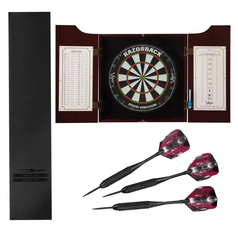 Viper Razorback Regulation Sisal Dartboard Set with Hudson Mahogany Cabinet, Floor Protection Padded Mat, Protective Wall Compatibility & Black Mariah Soft Tip-Specially Coated Brass Alloy Barrels Darts, Wood, Classic, Adults
