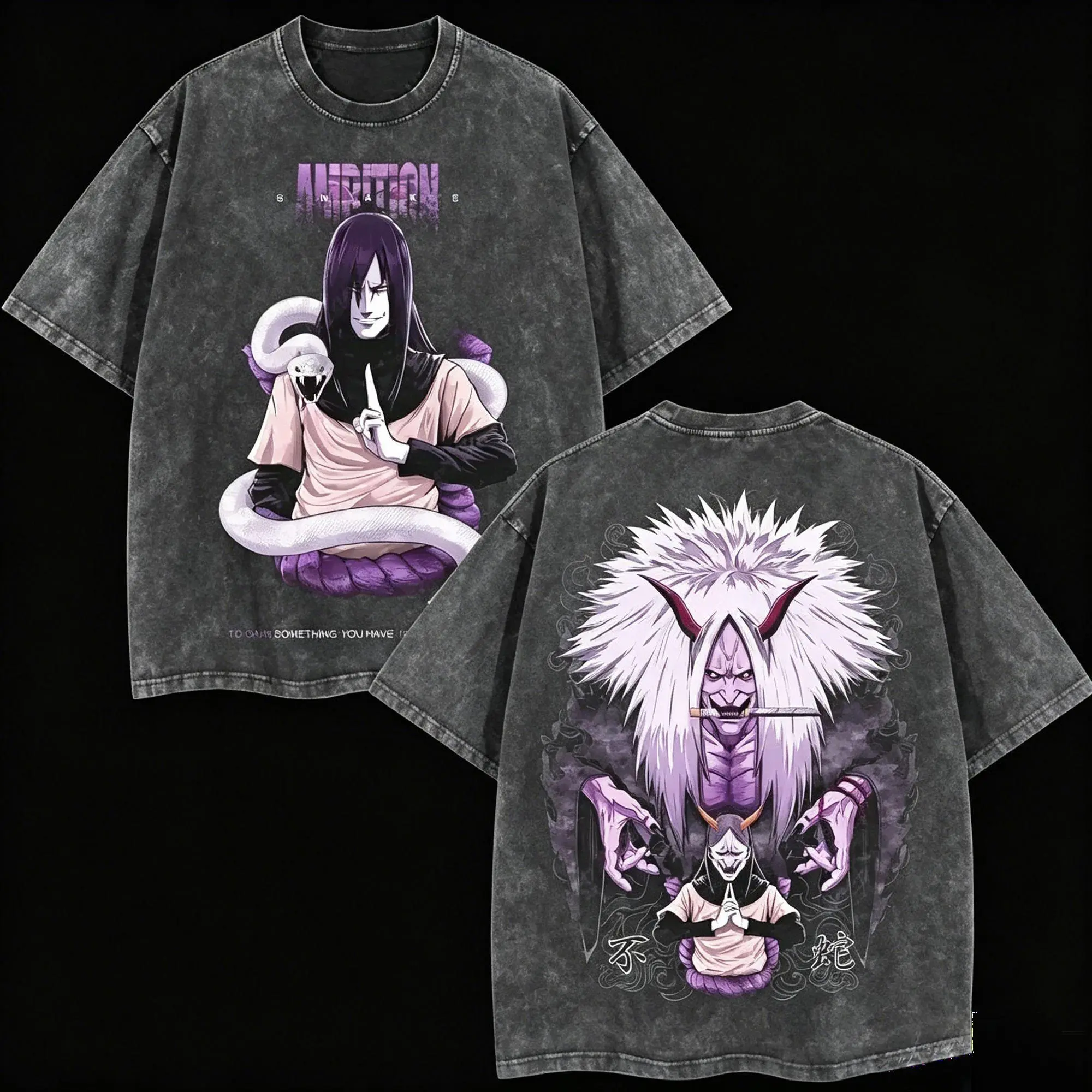 Men's Naruto Orochimaru "Forbidden Jutsu of Immortality" Double Printed Oversize Short-Sleeve Cotton T-Shirt, Aesthetic Breathable Casual Streetwear Tops, Acid-Washed Lightweight XWL AOC,clothes for back to school,first day of school outfits