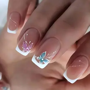 24 Pcs Short Square Nail Tips, Press On Sets, Classic French Edge, Blue Butterfly, Glitter Details, Reusable, Includes Jelly Gel & File
