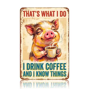 Luhery ms-pigcoffeewisdom Funny Pig Coffee Drinking Aluminum Metal Sign, Vintage Retro HD Printed Wall Art Decor, Waterproof Durable Easy-Hang 8x12in (20x30cm) for Kitchen, Home Bar Gift Idea